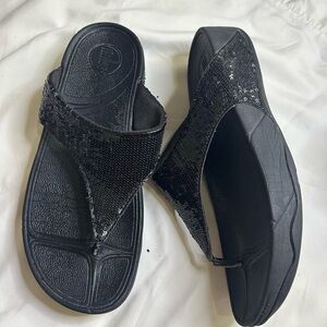 Fitflop Women’s Electra Black Sequin Slide On Sandals Sz 9 Flip Flops Wedge Hee